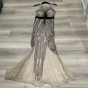 Faviana Black and Cream Beaded Prom Dress